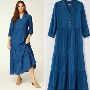 J‎ Jill XL Petite Blue Tiered Midi Dress  Button Front Long Sleeve Ruffle Collar